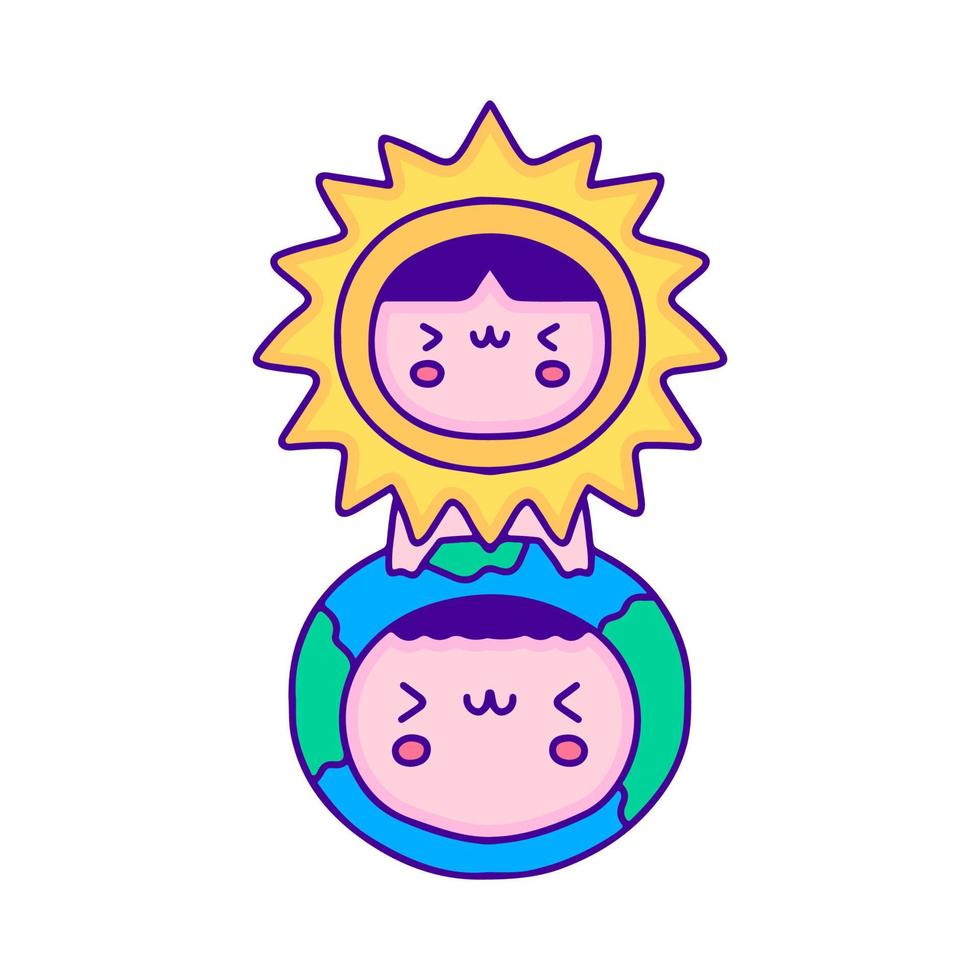 bébé mignon dans l'art de doodle de costume de planète soleil et terre, illustration pour t-shirt, autocollant ou marchandise de vêtements. avec un style pop et kawaii moderne. vecteur