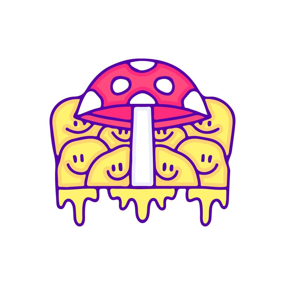 champignon magique trippant et sourire fondu emoji visage doodle art, illustration pour t-shirt, autocollant. avec un style pop moderne. vecteur