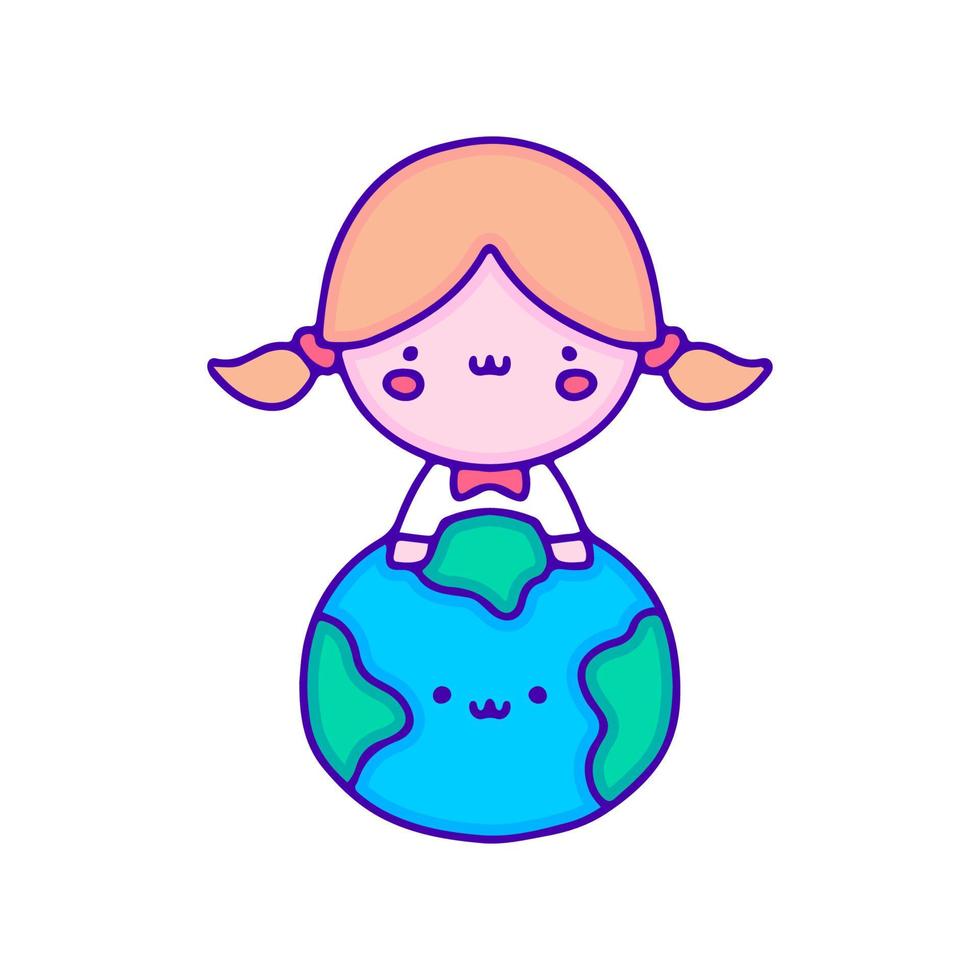 douce petite fille avec l'art de doodle de la planète terre, illustration pour t-shirt, autocollant ou marchandise vestimentaire. avec un style pop et kawaii moderne. vecteur