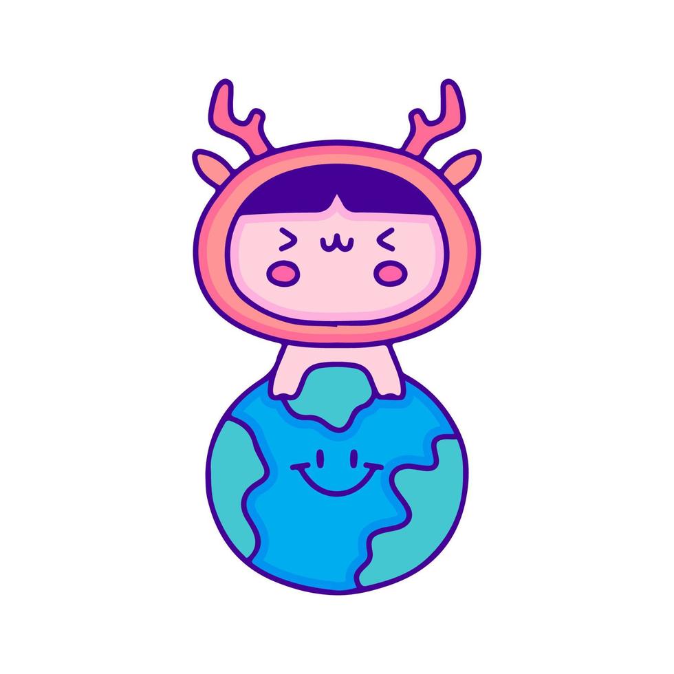 bébé mignon en costume de cerf et art de doodle de la planète terre, illustration pour t-shirt, autocollant ou marchandise vestimentaire. avec un style pop et kawaii moderne. vecteur