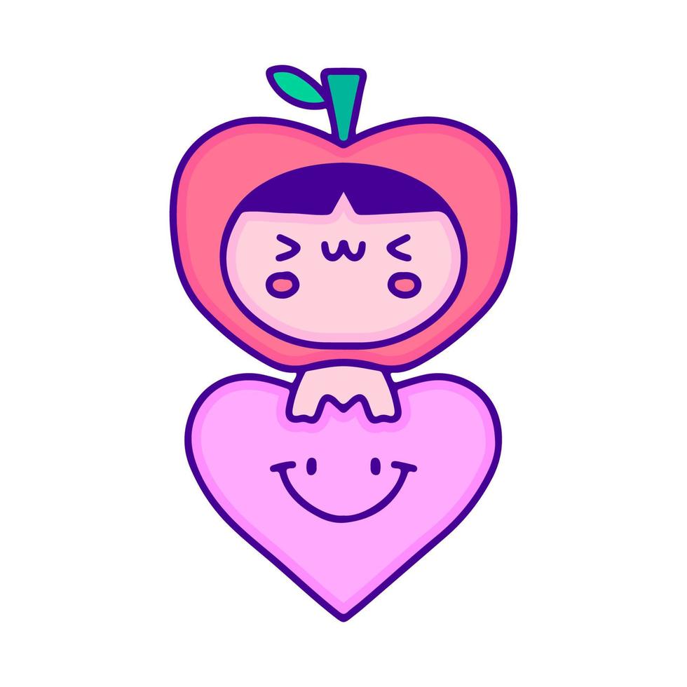 bébé mignon en costume de pomme avec symbole d'amour doodle art, illustration pour t-shirt, autocollant ou marchandise vestimentaire. avec un style pop et kawaii moderne. vecteur