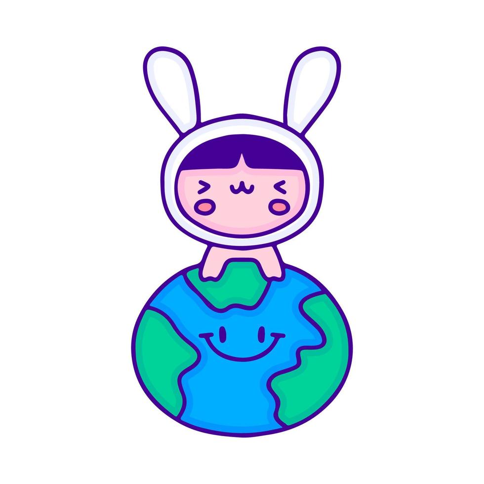 bébé drôle en costume de lapin avec l'art de doodle de la planète terre, illustration pour t-shirt, autocollant ou marchandise de vêtements. avec un style pop et kawaii moderne. vecteur