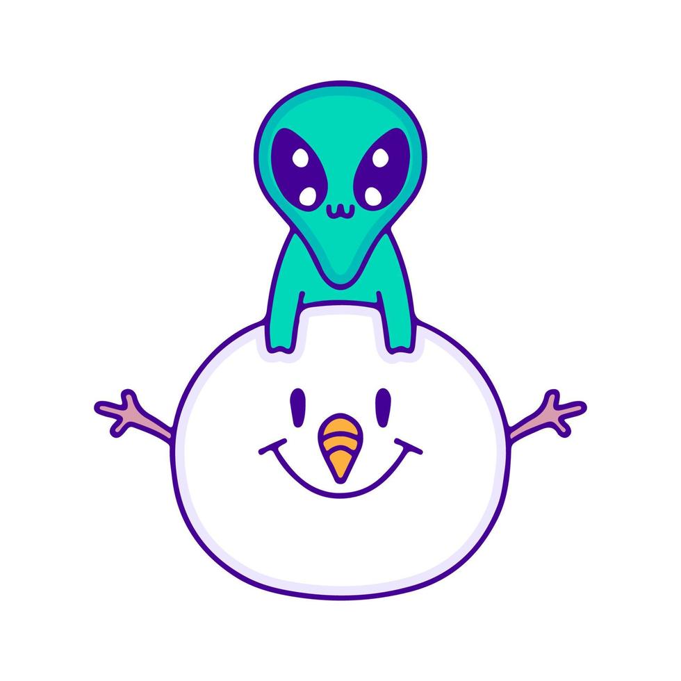 mignon bébé extraterrestre avec bonhomme de neige doodle art, illustration pour t-shirt, autocollant ou marchandise vestimentaire. avec un style pop et kawaii moderne. vecteur