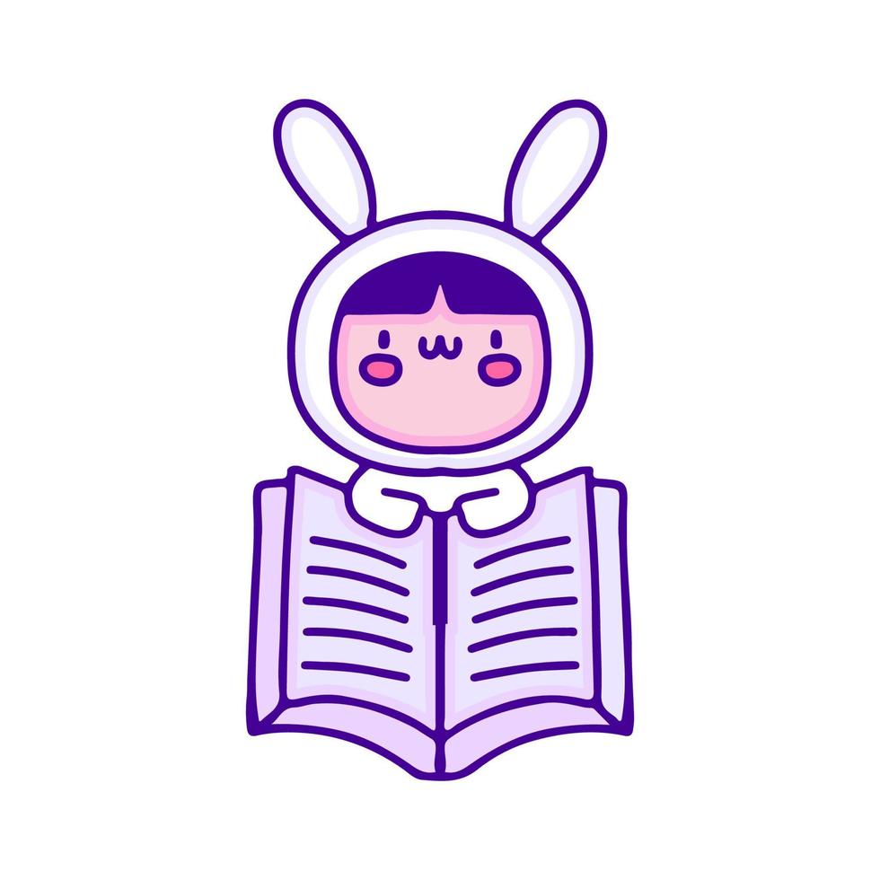 bébé mignon en costume de lapin avec livre doodle art, illustration pour t-shirt, autocollant ou marchandise vestimentaire. avec un style pop et kawaii moderne. vecteur