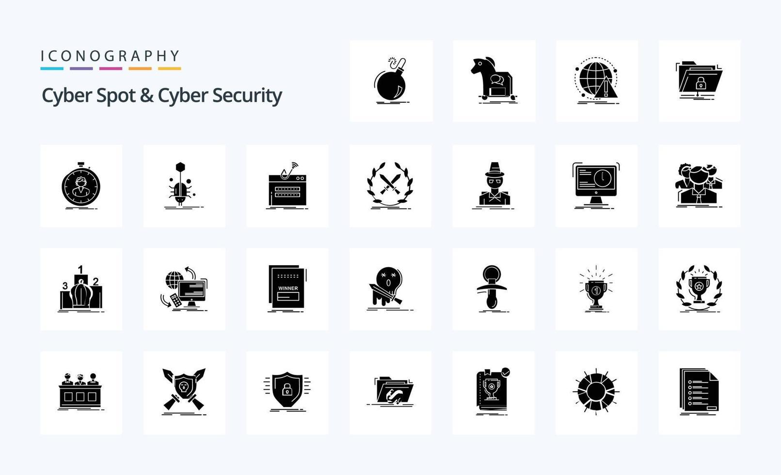 25 pack d'icônes de glyphe solide de cyber spot et de cybersécurité vecteur