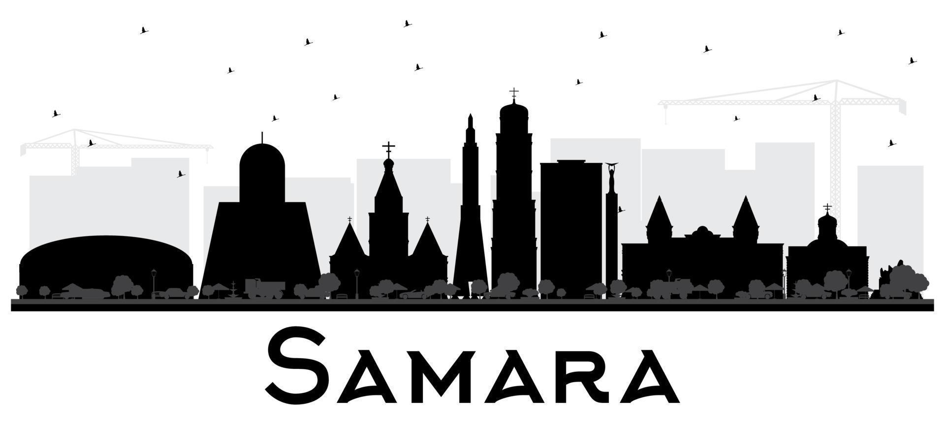 samara russie silhouette d'horizon de la ville avec des bâtiments noirs isolés sur blanc. vecteur