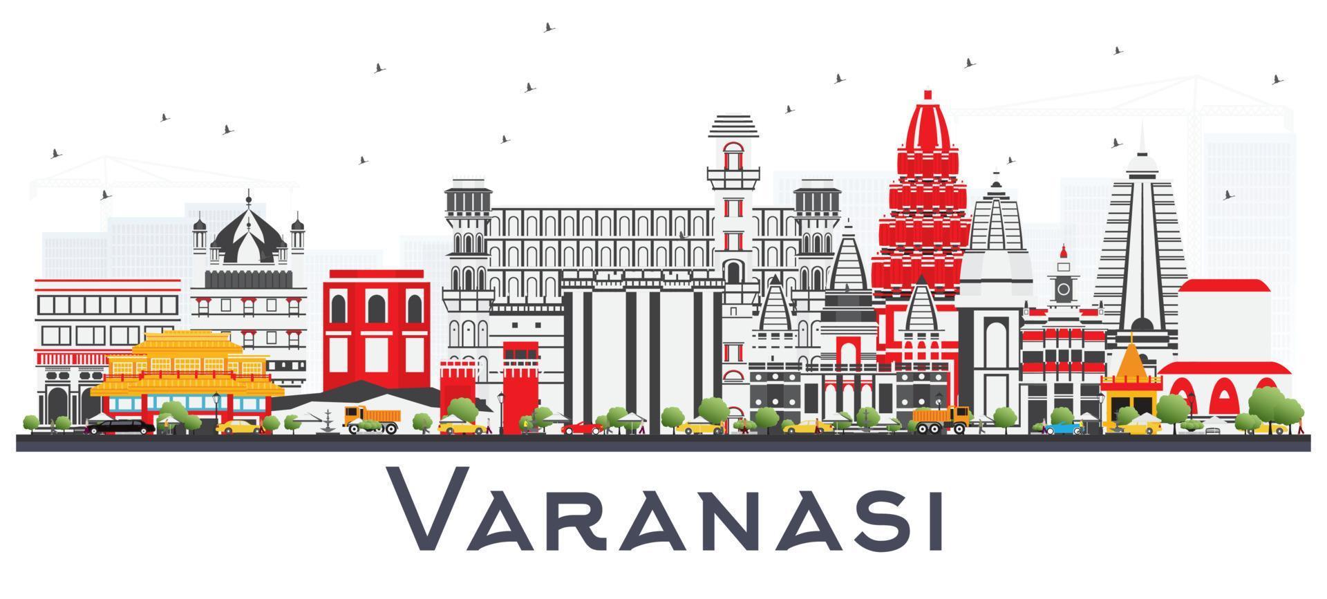 horizon de la ville de varanasi en inde avec des bâtiments de couleur isolés sur blanc. vecteur