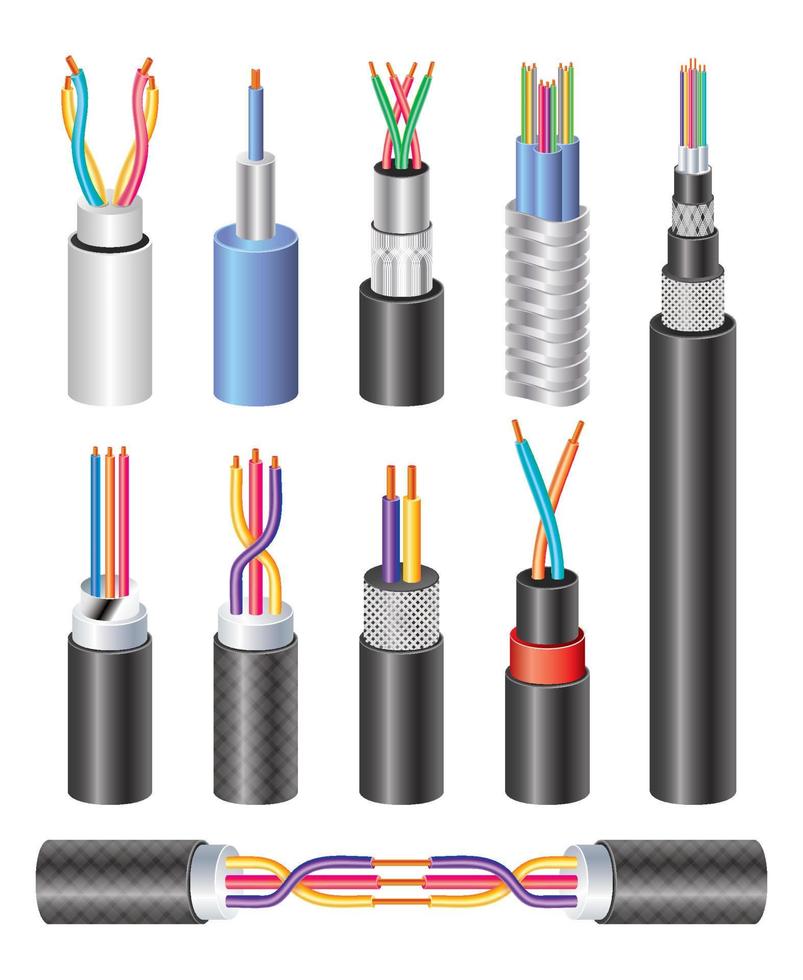 définir un câble à fibre optique industriel électrique réaliste et un fil de cuivre isolé sur fond blanc. vecteur