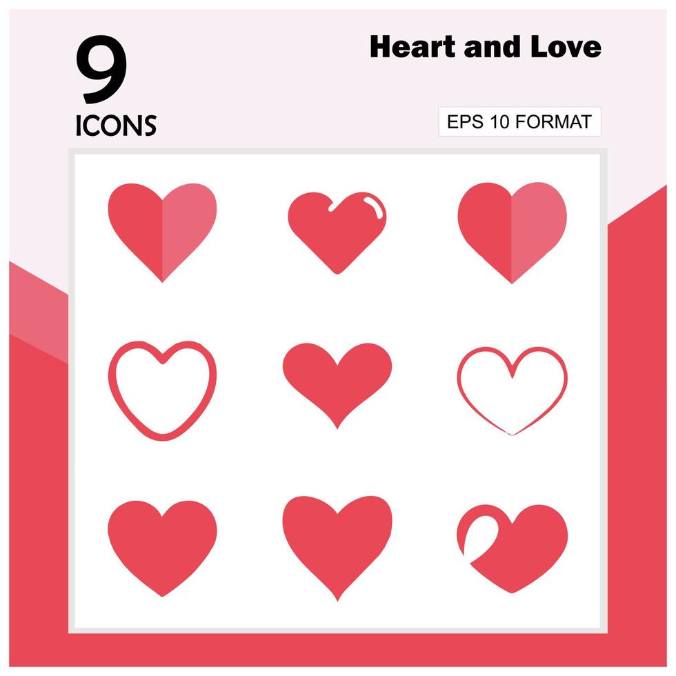 9 icône de forme ou symbole de coeur. ensemble d'icônes sur l'amour. adapté pour être utilisé comme élément de conception de la Saint-Valentin, aimer les messages ou concevoir sur le thème de l'amour et de la santé. vecteur