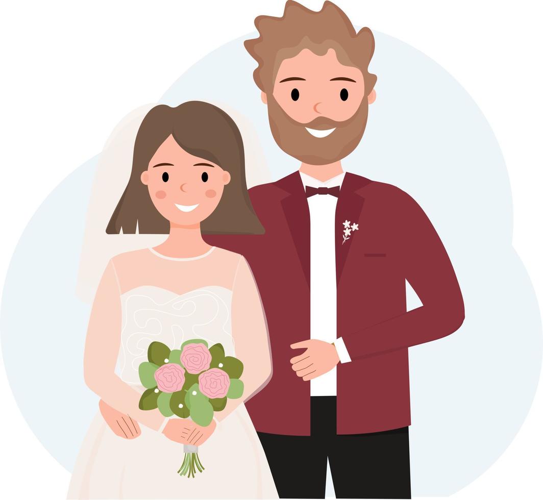 mariés. tout juste marié. mariage. heureux couple d'amoureux. illustration vectorielle. vecteur