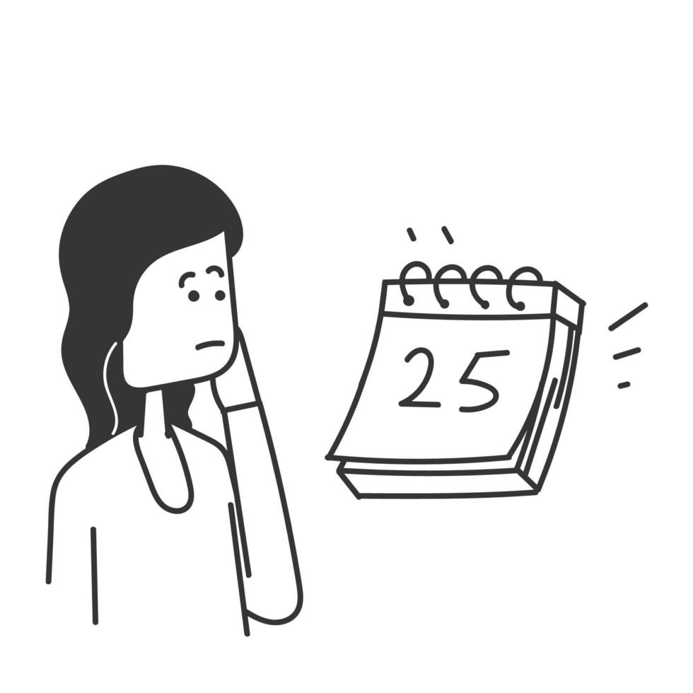 femme doodle dessiné à la main regarde le calendrier et réalise quelque chose d'illustration vecteur