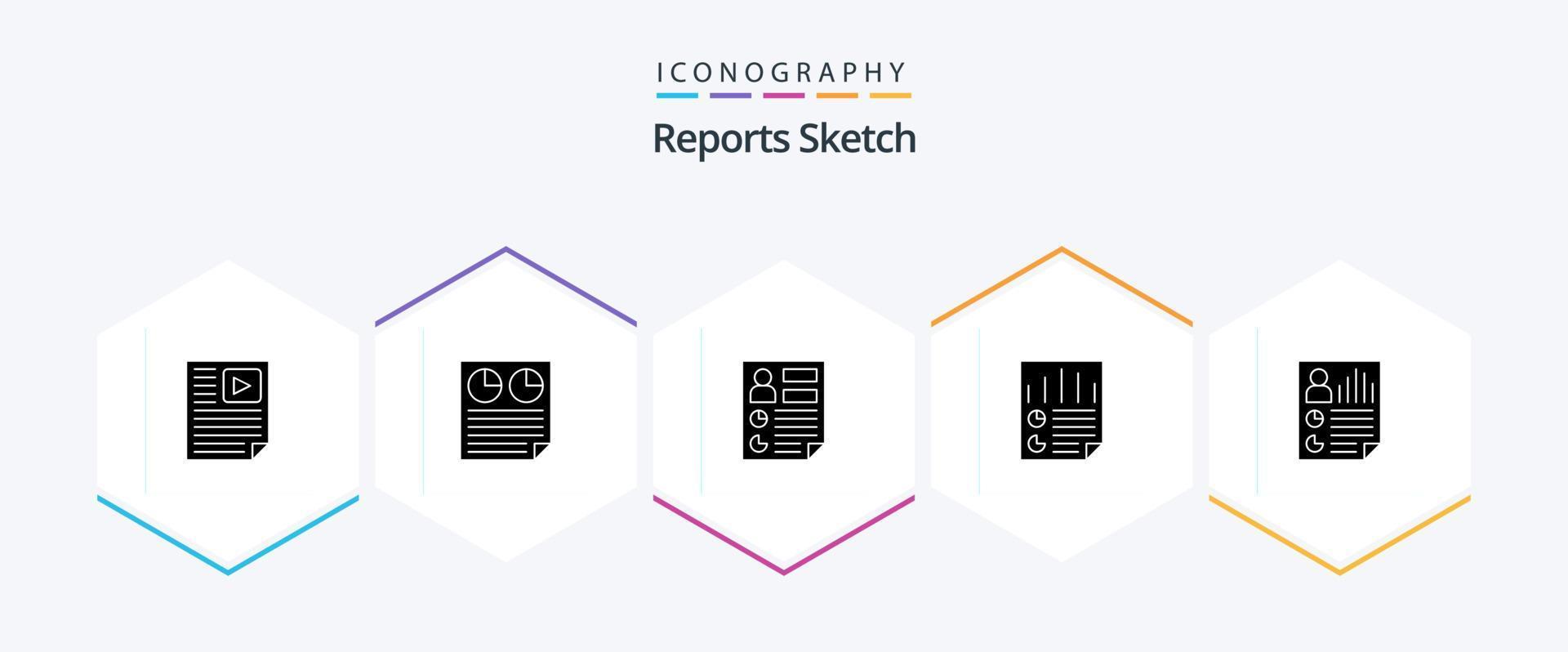 rapports esquissent un pack d'icônes de 25 glyphes, y compris la page. Les données. tarte. rapport. document vecteur