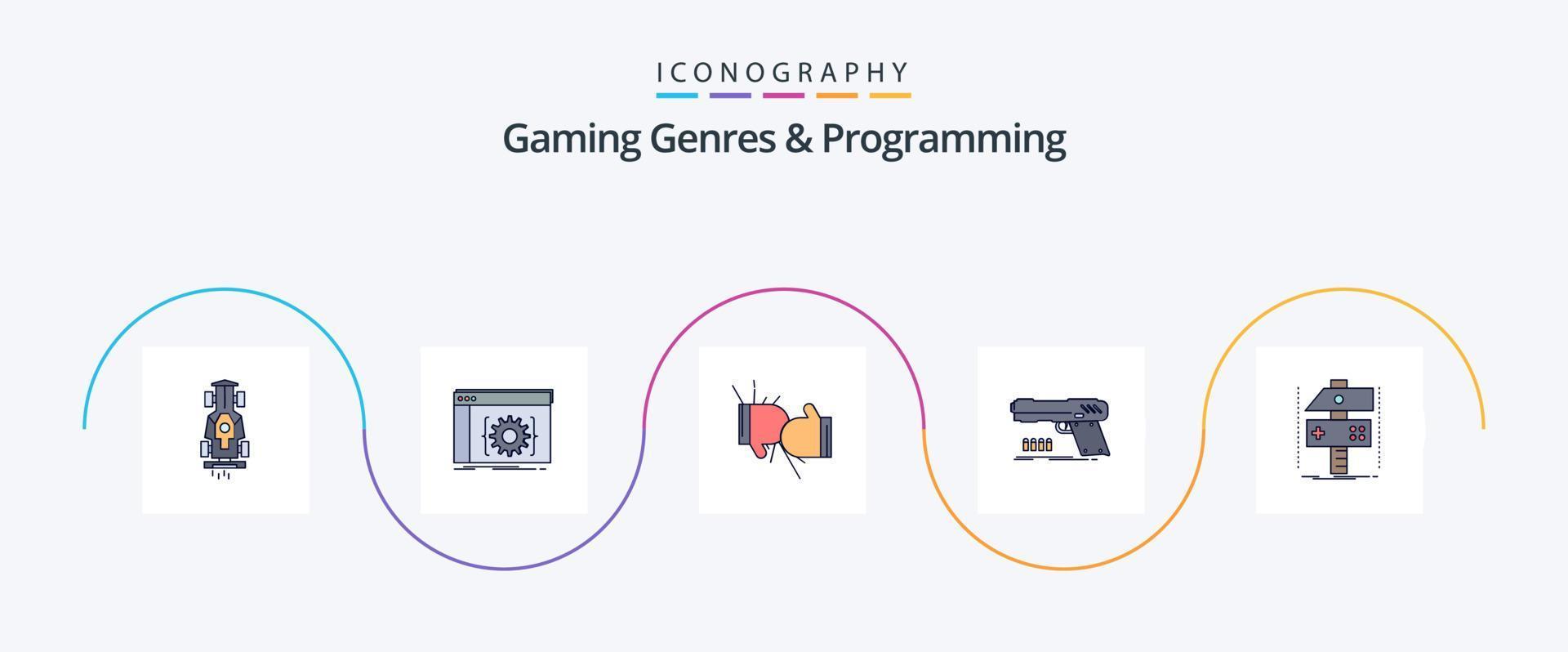 genres de jeu et ligne de programmation remplis de 5 icônes plates comprenant un pistolet. arme à feu. développeur. gants. compétition vecteur