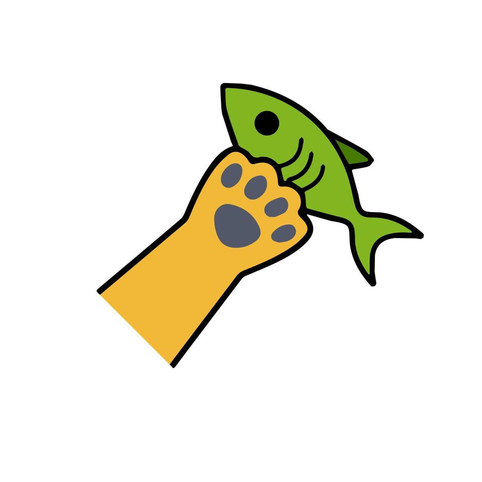 la patte de chat tient le poisson. une bonne nutrition et des aliments pour animaux de compagnie. chaton avec jouet. illustration de dessin animé de contour vecteur