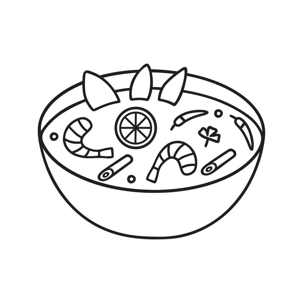 doodle de soupe tom yum kung. cuisine thaïlandaise traditionnelle dans le style de croquis. illustration de vecteur dessiné à la main isolé sur fond blanc