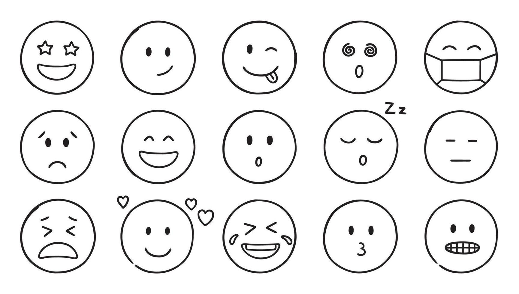 icônes de doodle emoji. ensemble de visages heureux, tristes et souriants. émoticônes drôles dans le style de croquis. illustration de vecteur dessiné à la main isolé sur fond blanc