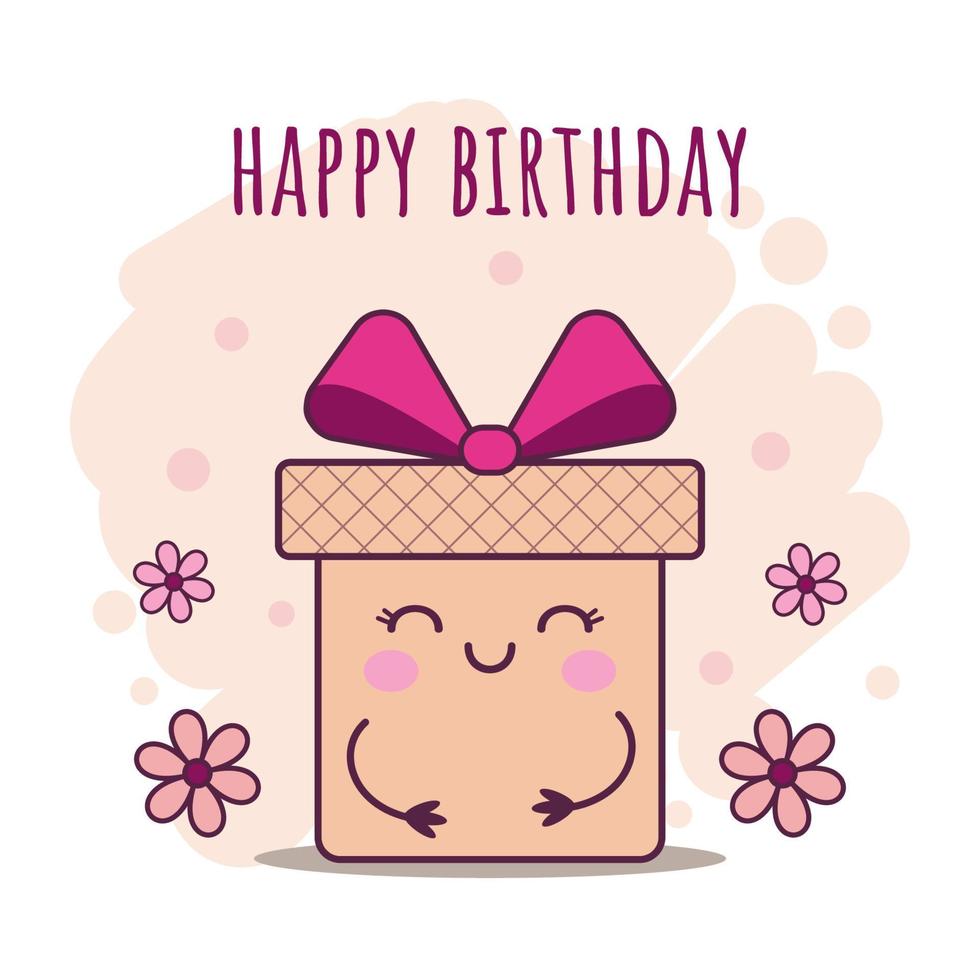 carte de voeux joyeux anniversaire. joli personnage de boîte cadeau kawaii de dessin animé avec des fleurs sur fond beige. carte dessinée à la main pour les souhaits d'anniversaire, anniversaire, bonne saint valentin. vecteur