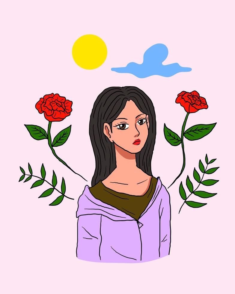 belle fille avec la conception d'illustration vectorielle fleur rose vecteur