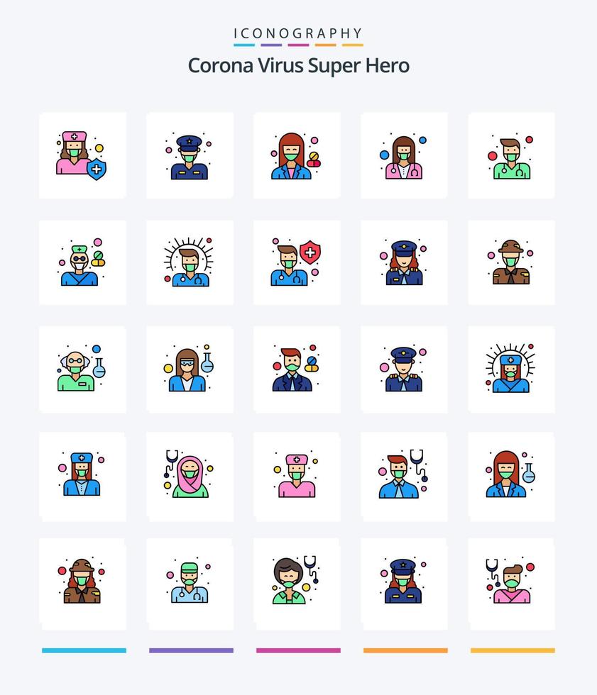 pack d'icônes rempli de 25 lignes de super héros de virus corona créatif tel que la santé. femelle. police de la route. pharmacien. hôpital vecteur