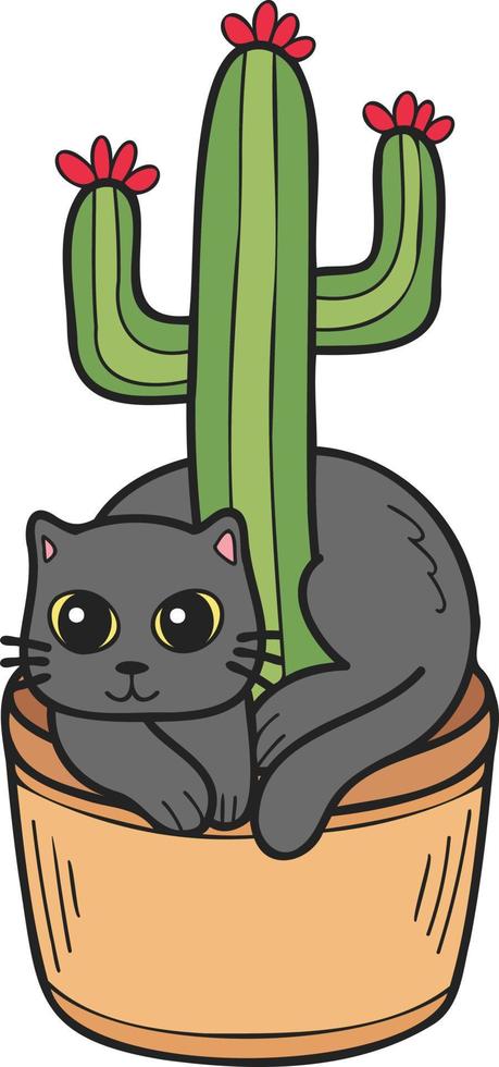illustration de chat et de cactus dessinés à la main dans un style doodle vecteur