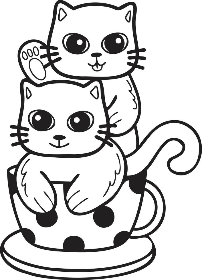 chat ou chaton dessiné à la main avec illustration de tasse à café dans un style doodle vecteur