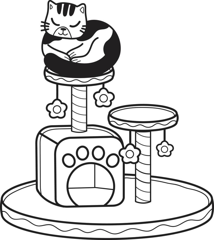 chat rayé dessiné à la main avec illustration de poteau d'escalade de chat dans un style doodle vecteur