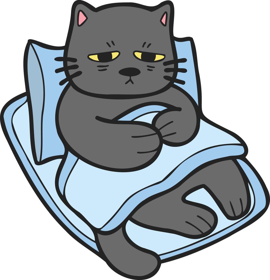 chat malade dessiné à la main dormant sur l'illustration d'un oreiller dans un style doodle vecteur