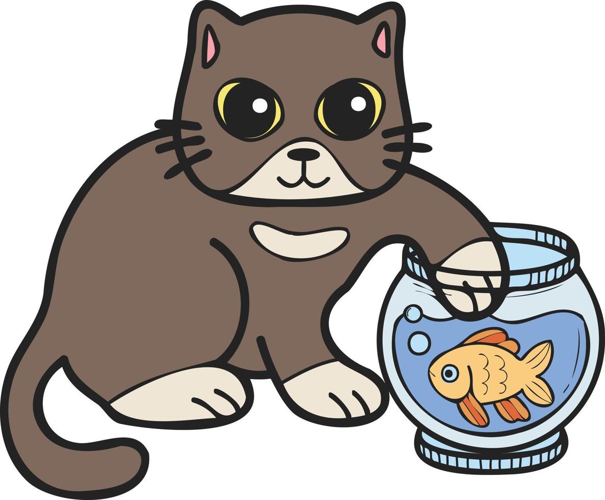 chat dessiné à la main jouant avec une illustration de poisson dans un style doodle vecteur