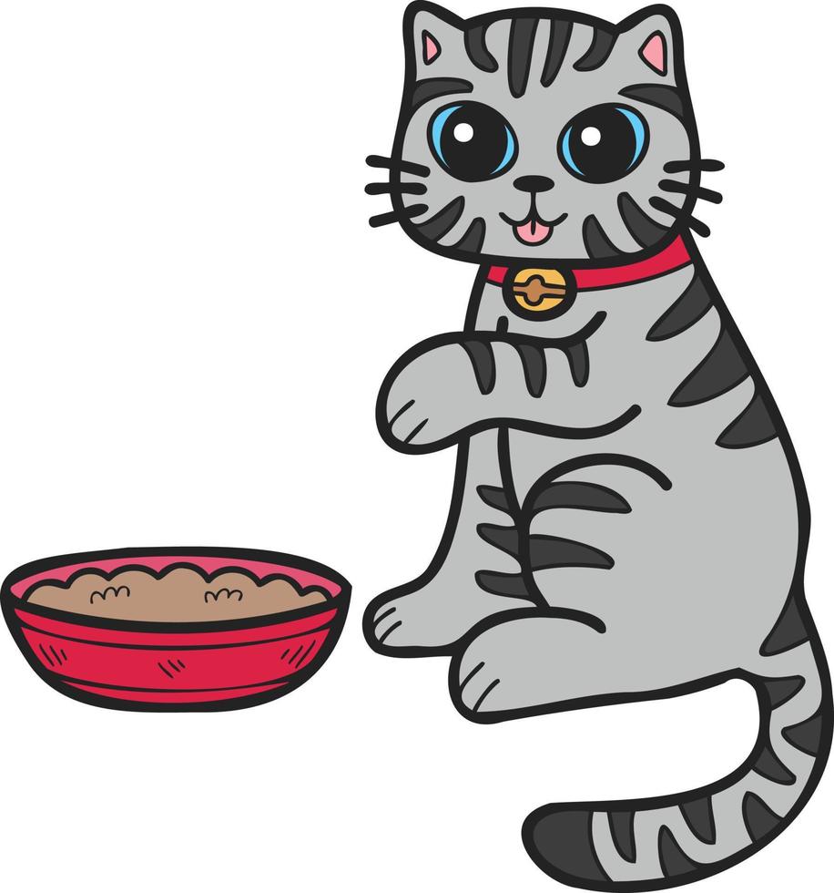 chat rayé dessiné à la main mangeant de la nourriture illustration dans un style doodle vecteur