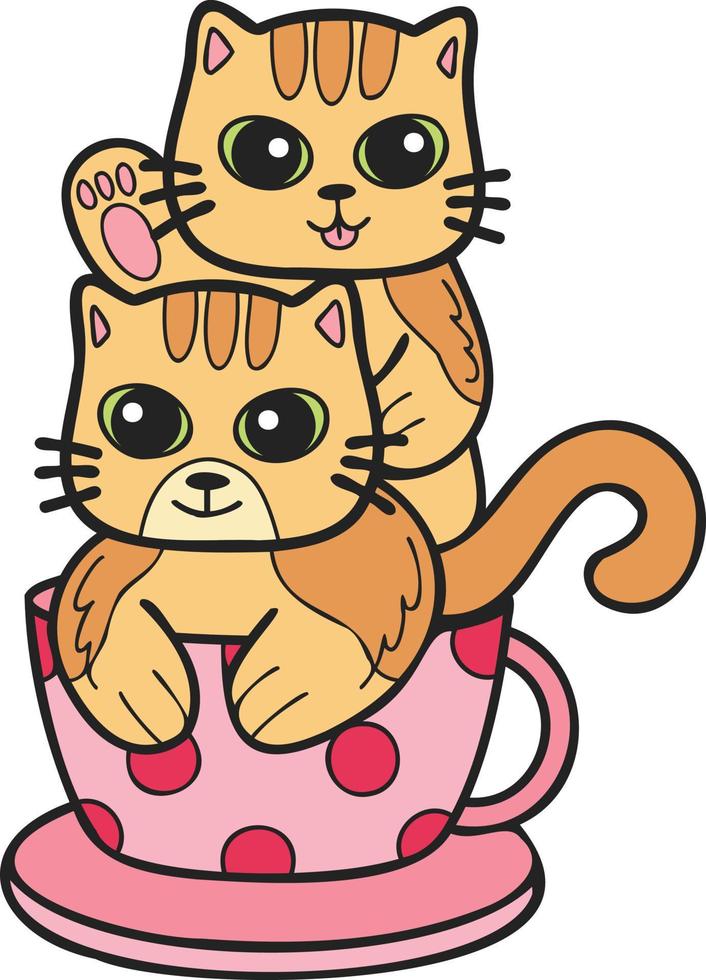 chat ou chaton rayé dessiné à la main avec illustration de tasse à café dans un style doodle vecteur