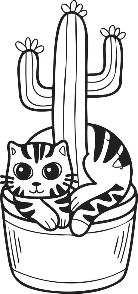 illustration de chat et de cactus rayé dessiné à la main dans un style doodle vecteur