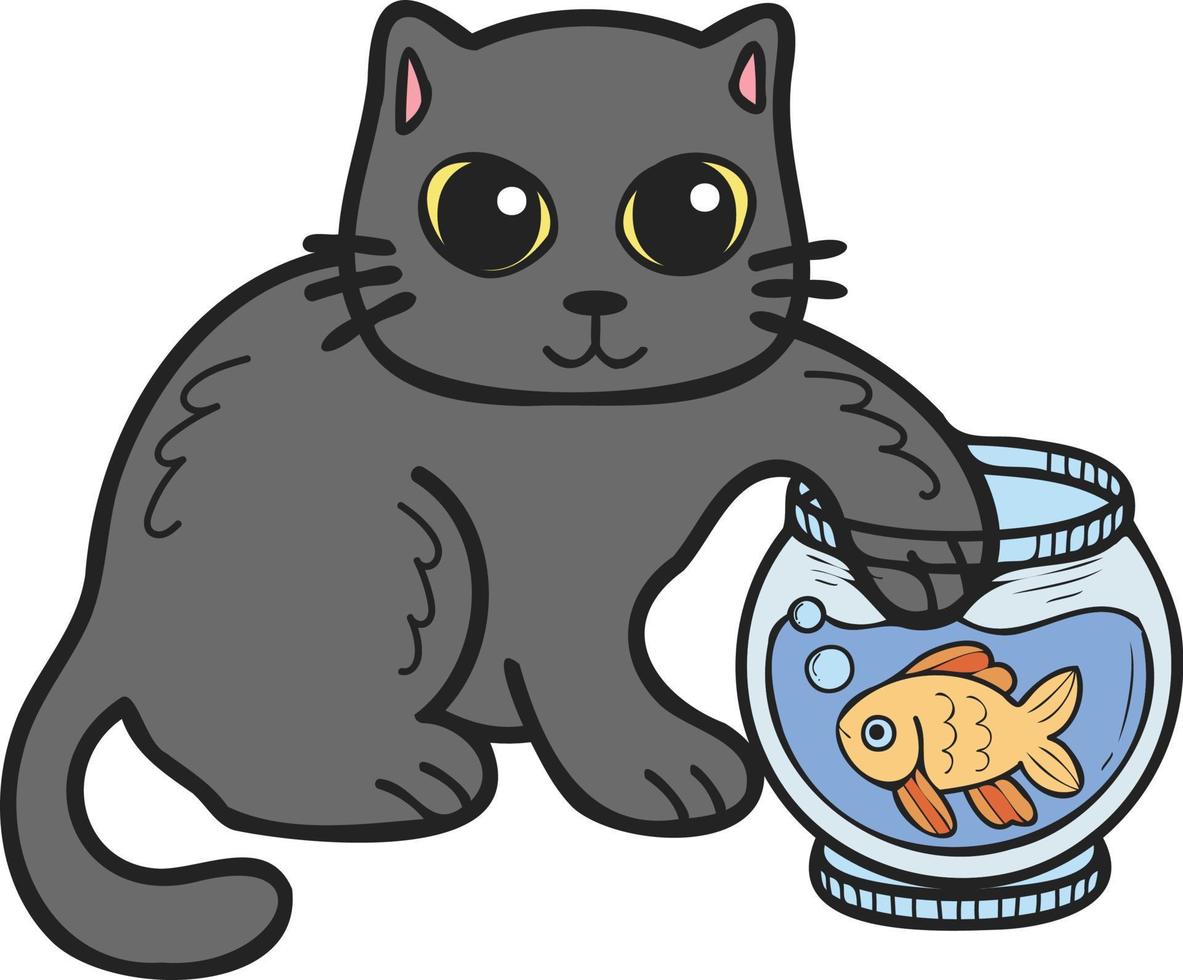 chat dessiné à la main jouant avec une illustration de poisson dans un style doodle vecteur