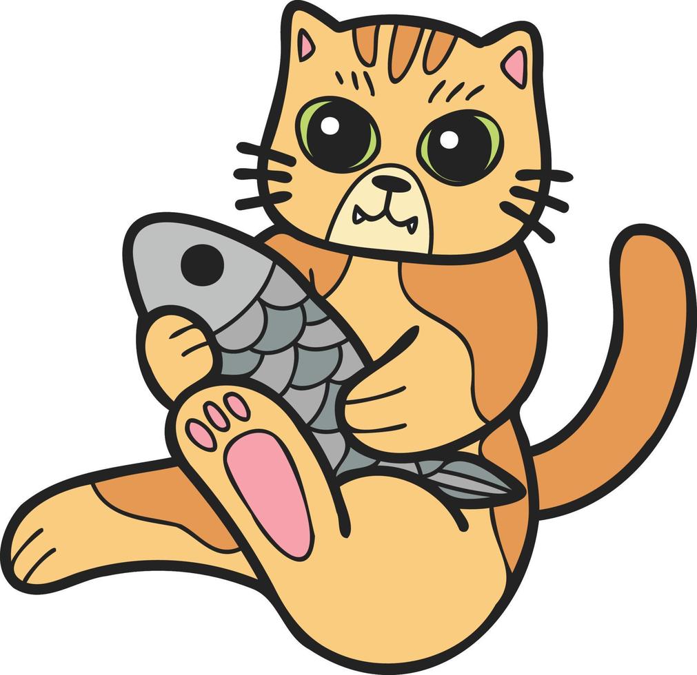 chat rayé dessiné à la main mangeant du poisson illustration dans un style doodle vecteur