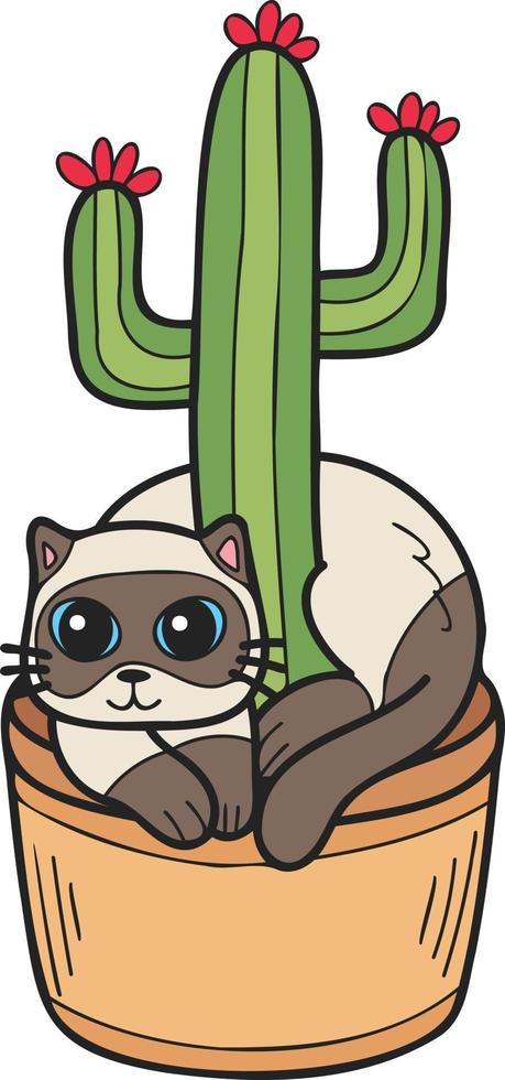 illustration de chat et de cactus dessinés à la main dans un style doodle vecteur