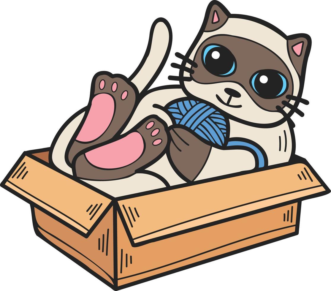 chat rayé dessiné à la main jouant avec du fil dans une illustration de boîte dans un style doodle vecteur