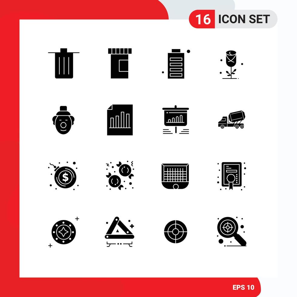 pack de lignes vectorielles modifiables de 16 glyphes solides simples d'éléments de conception vectoriels modifiables de statut d'amour de batterie cardiaque joker vecteur