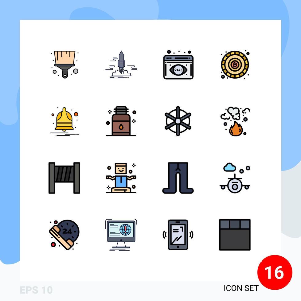 ensemble de pictogrammes de 16 lignes simples remplies de couleur plate d'analyse de notification d'alarme surveillance cloche pièce éléments de conception vectoriels créatifs modifiables vecteur