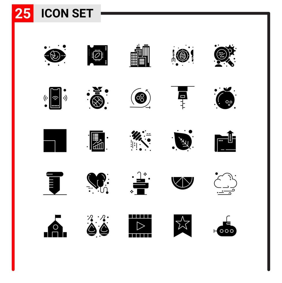 25 concept de glyphe solide pour les sites Web mobiles et applications analyse financière brouillage processeur puce plaque oeuf éléments de conception vectoriels modifiables vecteur