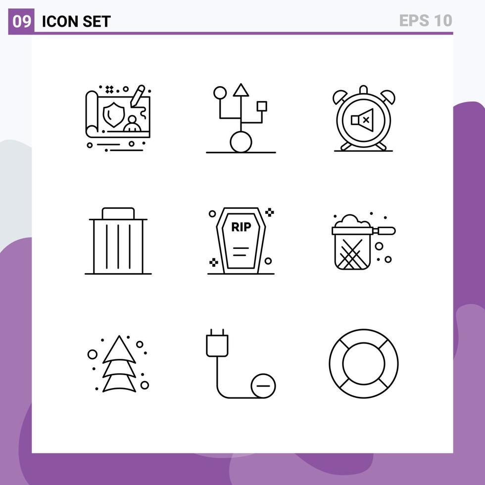 9 ensemble de contours d'interface utilisateur de signes et symboles modernes d'alarme de recyclage des ordures éléments de conception vectoriels modifiables vecteur