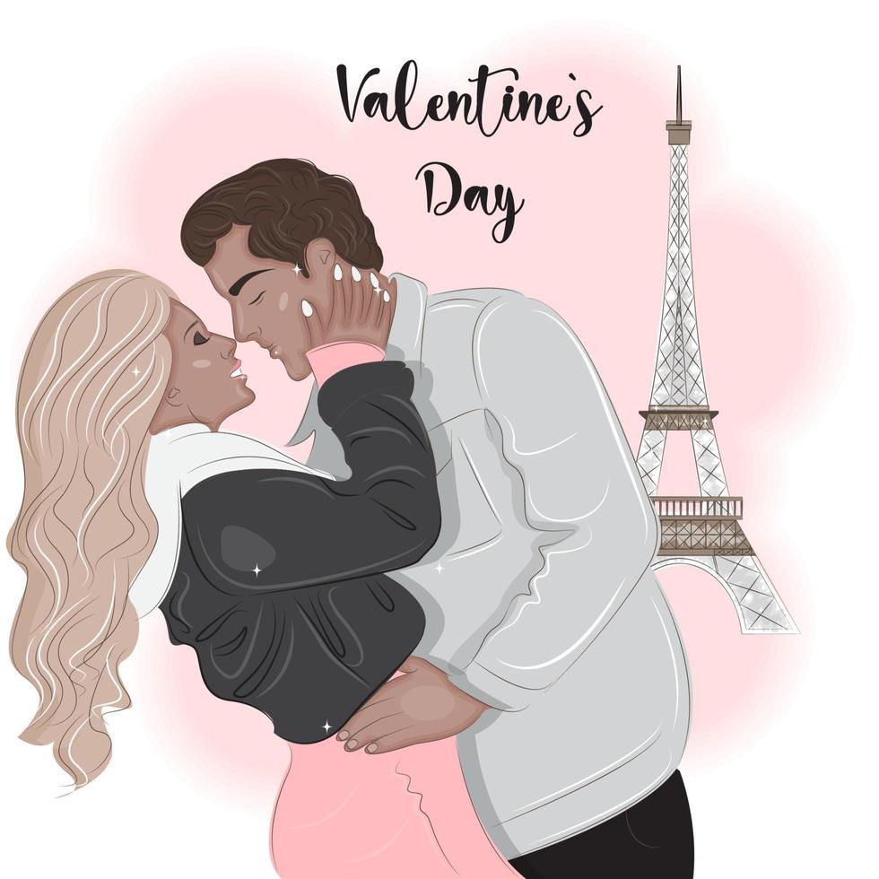 couple à paris près de la tour eiffel, illustration vectorielle de la saint-valentin 2 vecteur