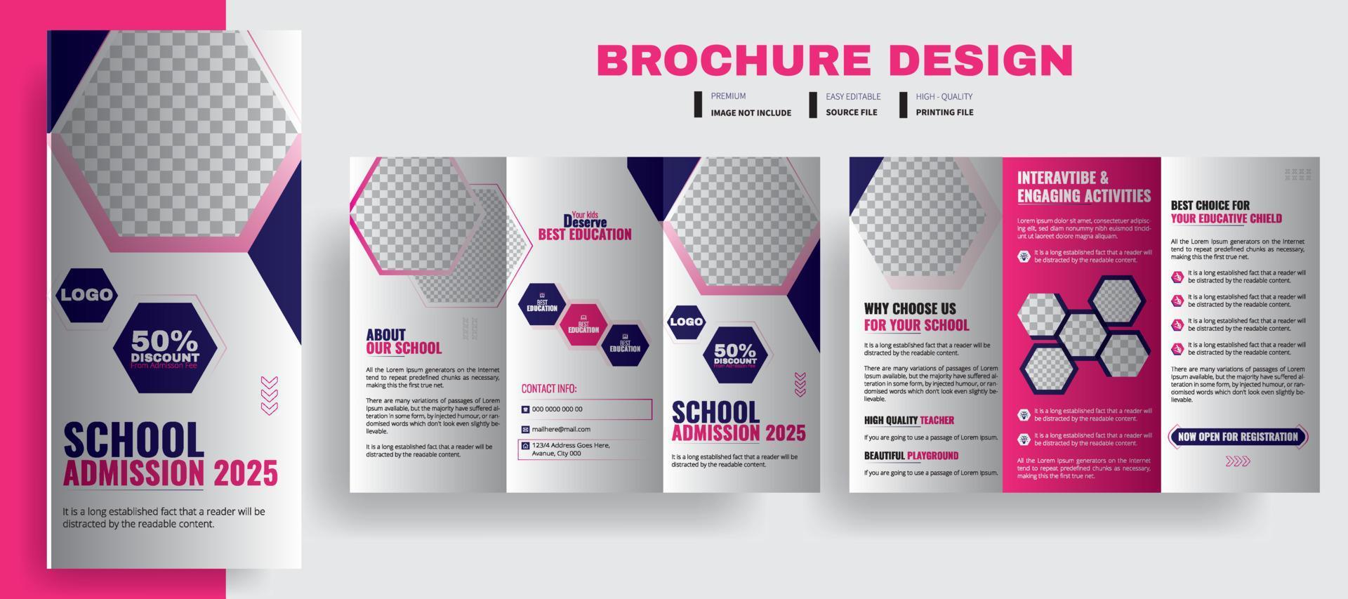 illustration vectorielle de modèle de conception de brochure à trois volets d'admission à l'école, conception de brochure universitaire annuelle pour la promotion, modèle d'entreprise pour un dépliant à trois volets avec des formes carrées de losange, des publicités. vecteur