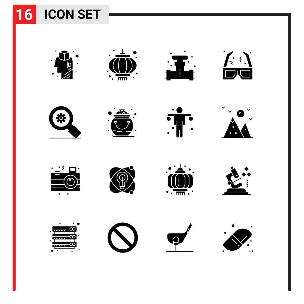 interface mobile glyphe solide ensemble de 16 pictogrammes d'éléments de conception vectoriels modifiables de valve de film mécanique de film de recherche vecteur