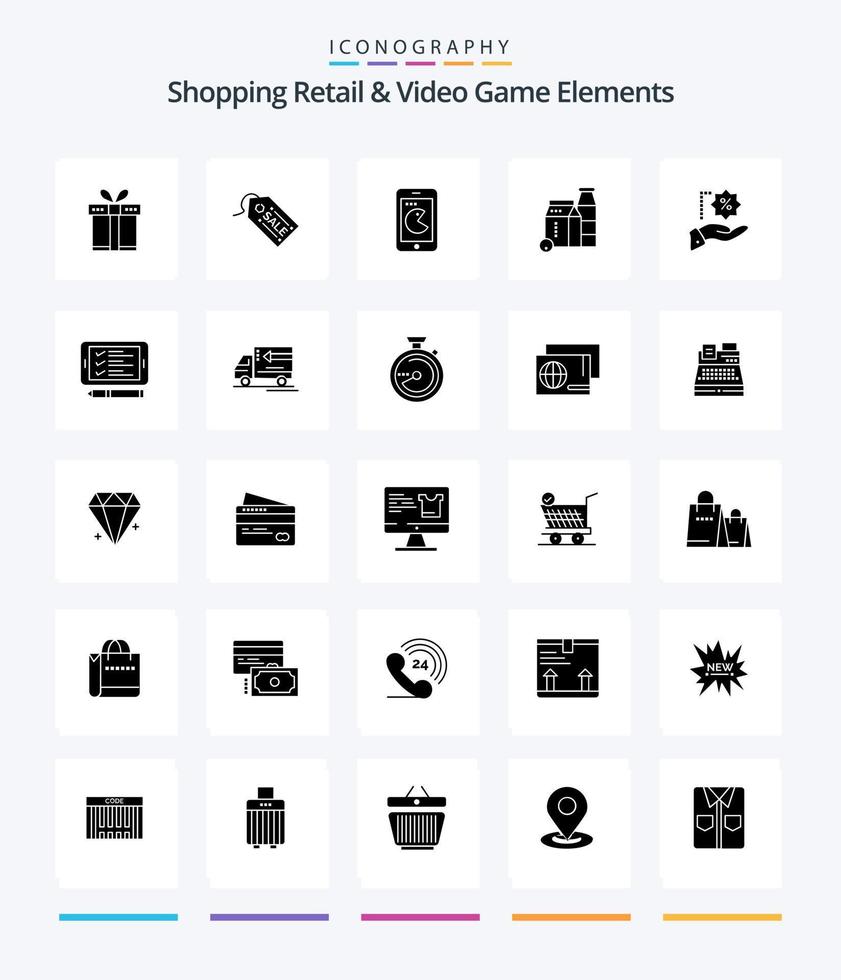 éléments de vente au détail et de jeux vidéo créatifs pack d'icônes noires solides de 25 glyphes tels que le pourcentage. achats. acheter. bout à bout. lait vecteur