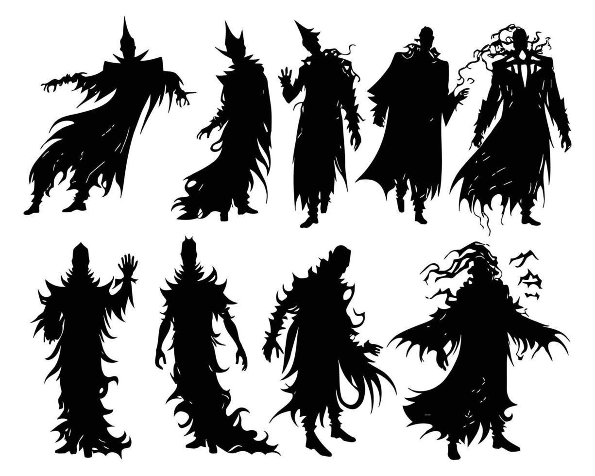 silhouette d'esprit maléfique d'halloween. personnages fantômes cauchemardesques effrayants, ensemble de mascottes de démons fantômes effrayants. vêtements déchirés silhouettes fantômes vecteur