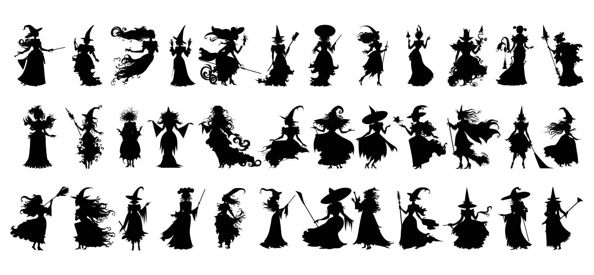 collection de silhouettes de sorcières dans diverses poses vecteur