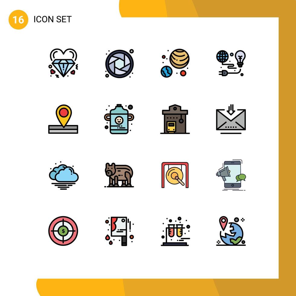 interface mobile ligne remplie de couleurs plates ensemble de 16 pictogrammes d'emplacement ampoule planètes astronomie terre vert éléments de conception vectoriels créatifs modifiables vecteur