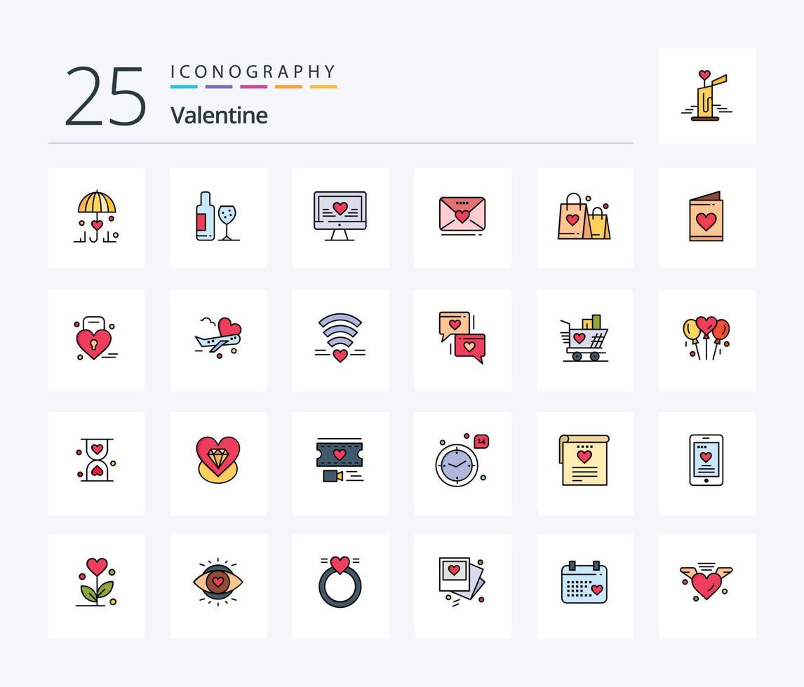 pack d'icônes remplies de 25 lignes de la saint-valentin, y compris l'amour. cœur. l'ordinateur. mariage. SMS vecteur