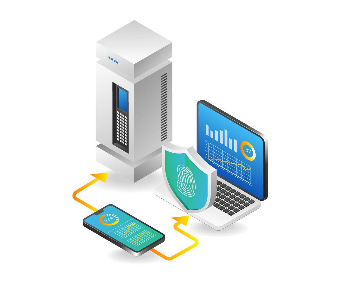 illustration de concept 3d isométrique à plat de l'analyse de la sécurité des données du serveur vecteur