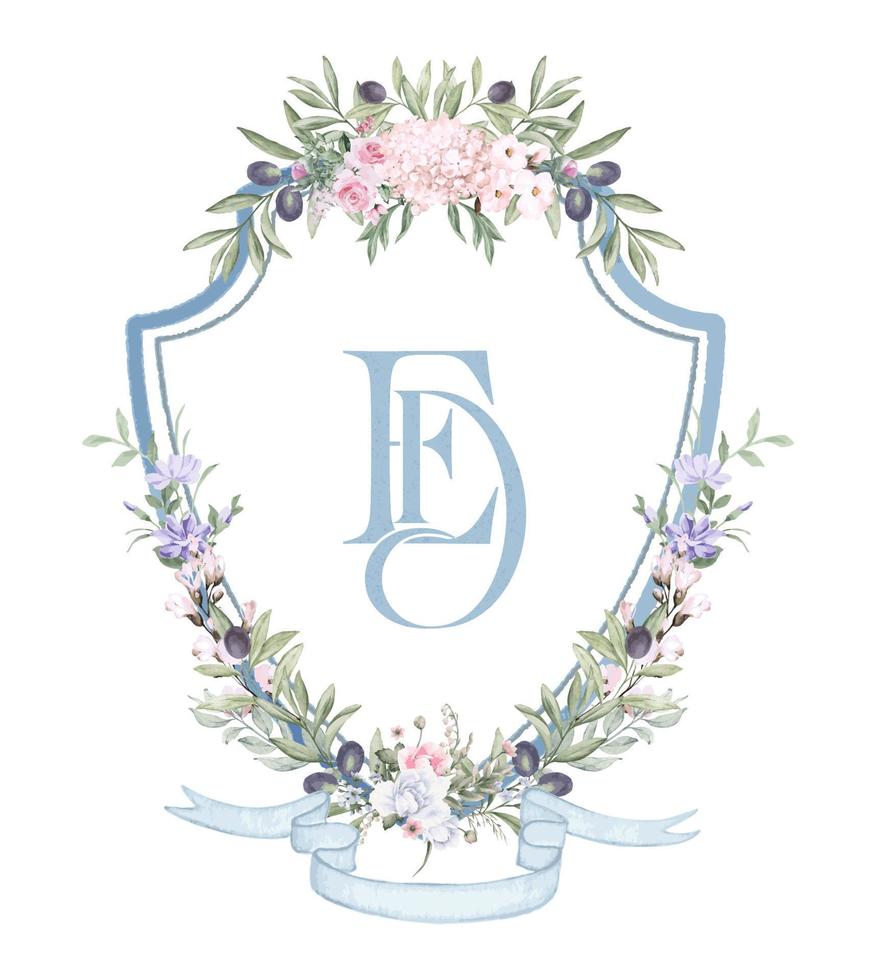 monogramme de mariage peint avec initiale. modèle dessiné à la main de cadre de fleur d'olive et d'hortensia de crête d'aquarelle. vecteur