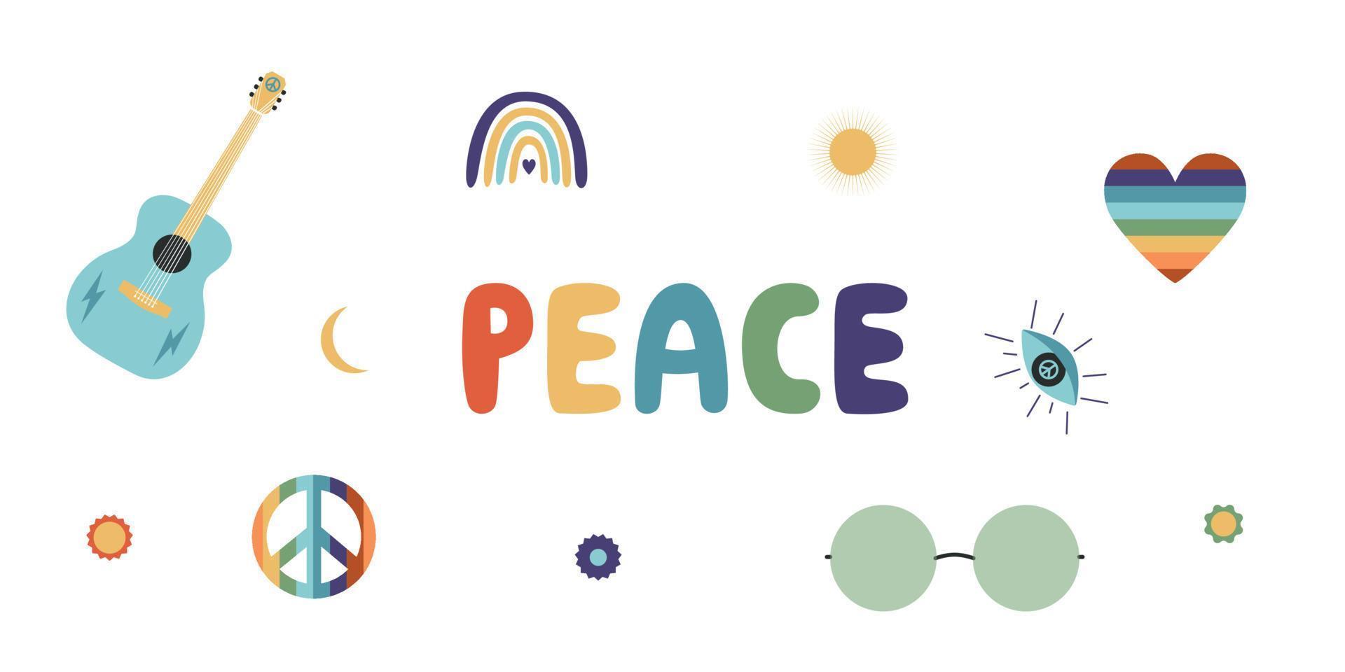 illustration de boho hippie vecteur plat. éléments groovy rétro dessinés à la main et lettrage de paix
